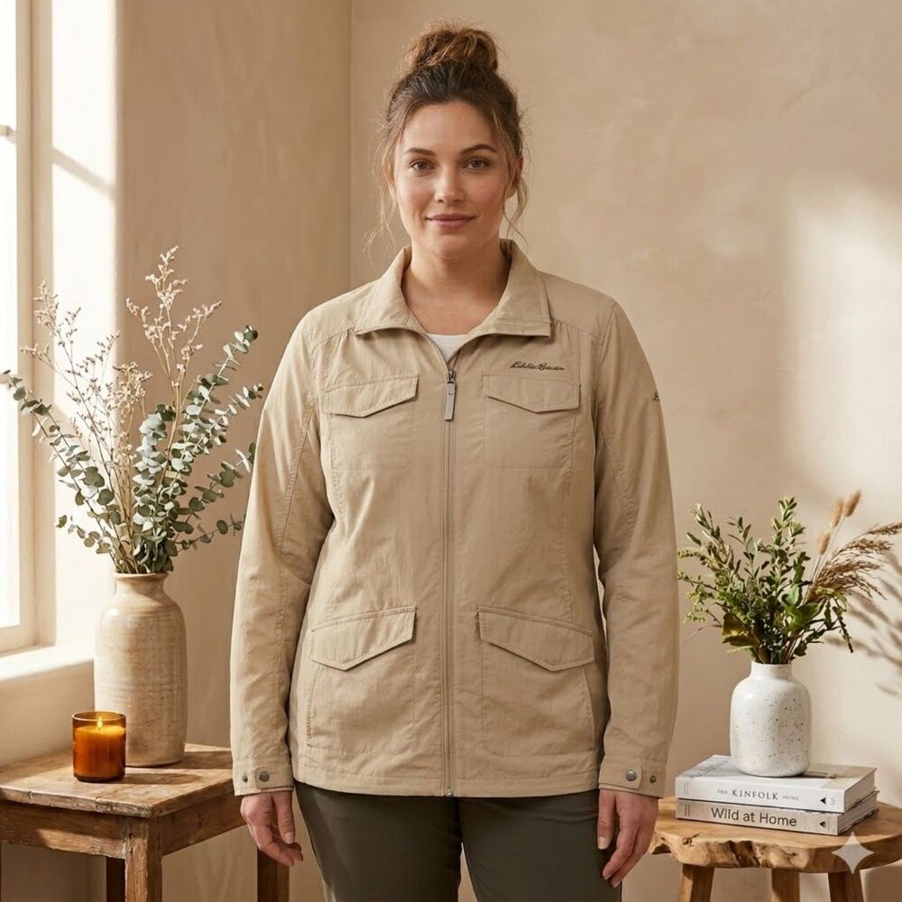Eddie Bauer Travex Jacket Womens 2XL Tan Full Zip Nylon Hiking Travel Gorpcore